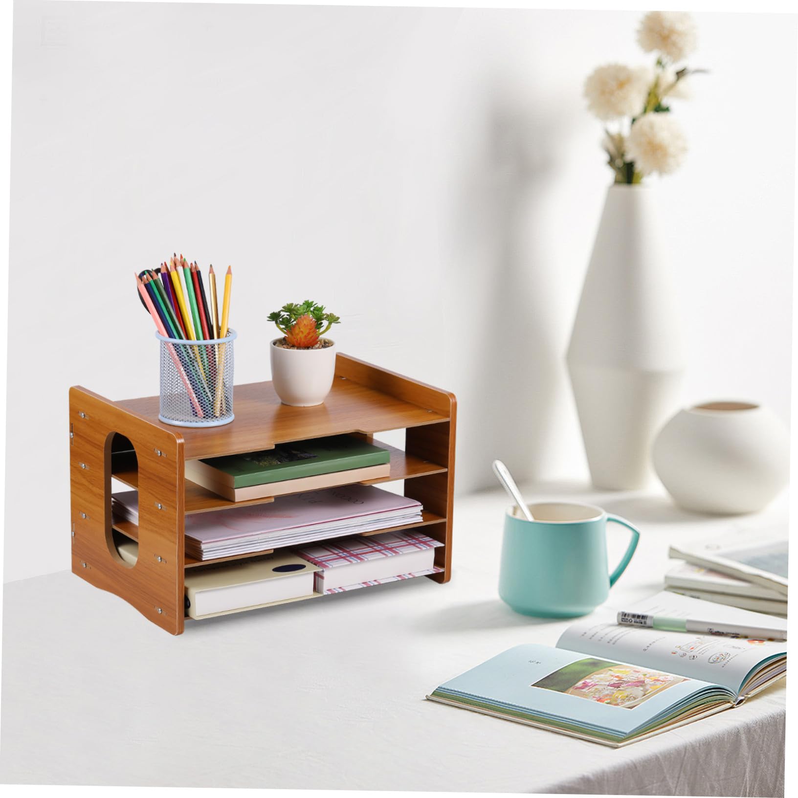 Gatuida Organizer da Scrivania in Legno Design Verticale Stabile 4 Livelli Vaschetta Portadocumenti Salvaspazio e Facile da Ordinare per Ufficio e Studio