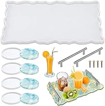 Resin Tray Molds, Silicone Molds for Resin Casting Includes 4 Pcs Round Coaster Molds 1 Pcs Large Resin Molds with 2 Handles for Cups Mats, DIY Resin Project, Home Decoration