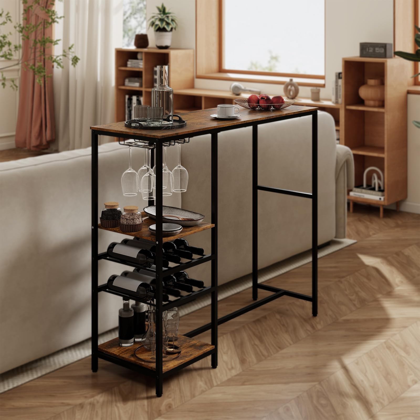 COSTWAY Tavolo da Bar 121 x 41 x 105,5 cm, Angolo Bar per Casa con Scaffali di Stoccaggio, Portabottiglie e Portacalici, Tavolo Alto per Cucina, Soggiorno, Ristorante e Bistrò