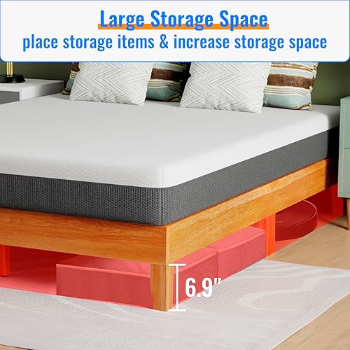 Miniatura 5 de PayLessHere Marco de cama de plataforma de madera, sin cabecero, no necesita somier, soporte de listones de madera, sin ruido, fácil de montar,