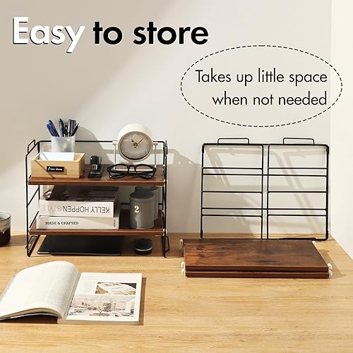 Miniatura 4 de KATHY&BOB Organizador de escritorio de madera, juego de 2, estante organizador de escritorio, estante de almacenamiento de suministros de escritorio