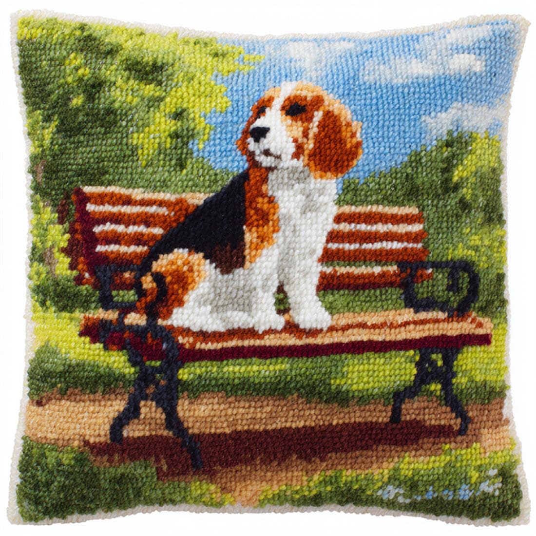 Kitquiver Animal Latch Hook Cushion Craft Kits Dog On The Bench Crochet Needlework Crafts with Latch Hook Tool for Adults DIY Handmade Home Cushion Kits Decor 17x17In