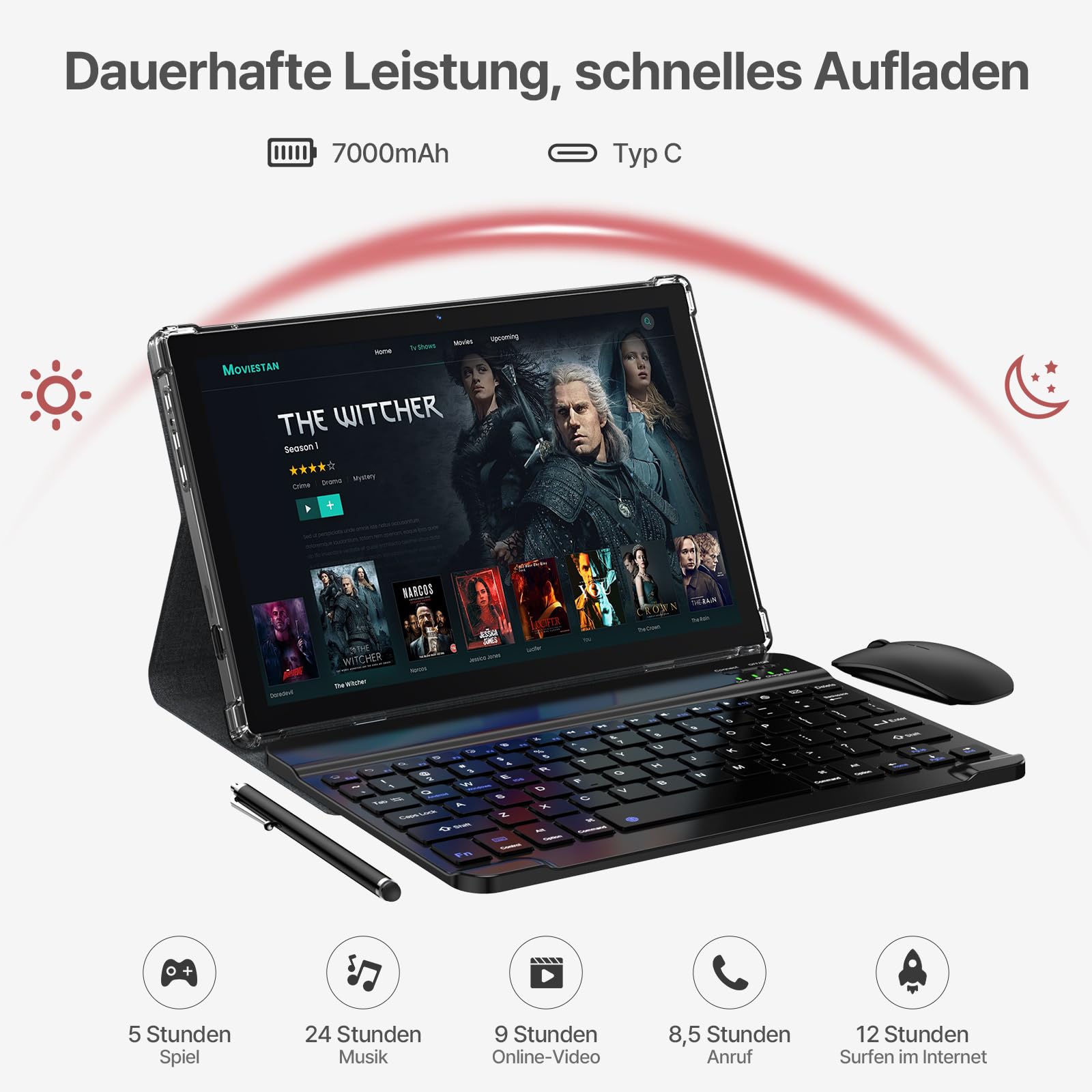 ANTEMPER 2026 Neueste Tablet, 10.1 Zoll Display, 24GB RAM + 128GB ROM (erweiterbar auf 1TB), Android 15 Tablets mit Tastatur Maus Stift, WiFi 6, WideVine L1, 13MP+8MP Kamera, 7000mAh, GPS, Schwarz