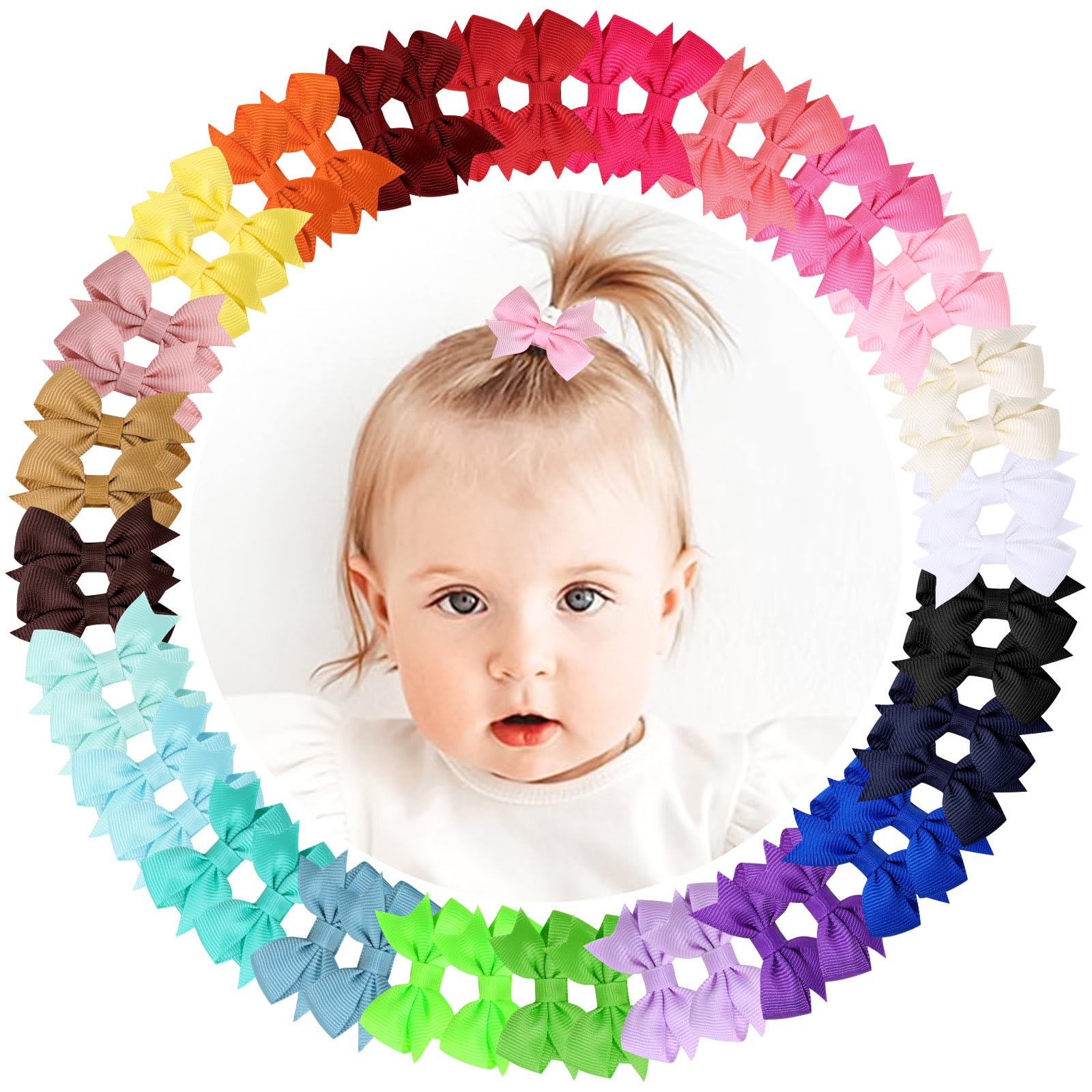 vobobe 48 PCS 2inch Baby Girls Hair Bow Clips, Fully Lined Bows Hair Pins, Tiny Alligator Clips for Infants Toddlers - 12 Colors in Pairs (Type A)
