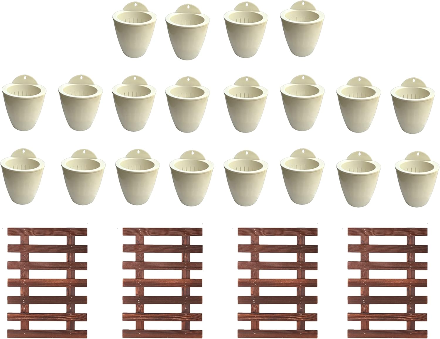 ShopLaLa Self Watering Pot Holder Bundle - 4" x 20 Pack White Pots + 4 Pack Wooden Planter Holders, Indoor Vertical Wall Garden, Wall Mount Hydroponic System