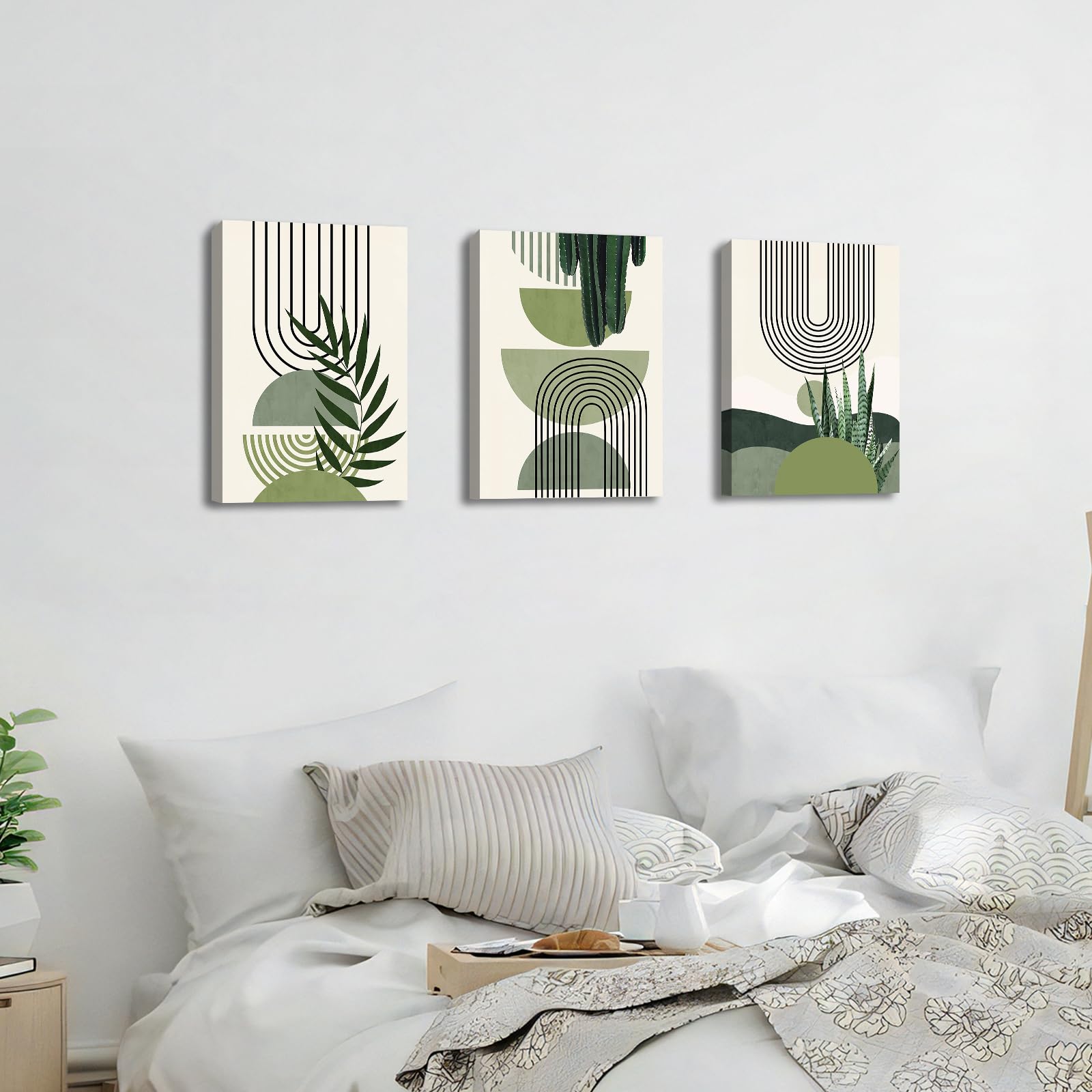 3 Pcs Wooden Framed Canvas Wall Art Set Bohemian Sage Green Canvas Prints Poster Geometric Line Beige Green Pictures for Living Room Bedroom Dinning Room Hallway Stairs Wall Decor 30x40cm x3pcs — view 425