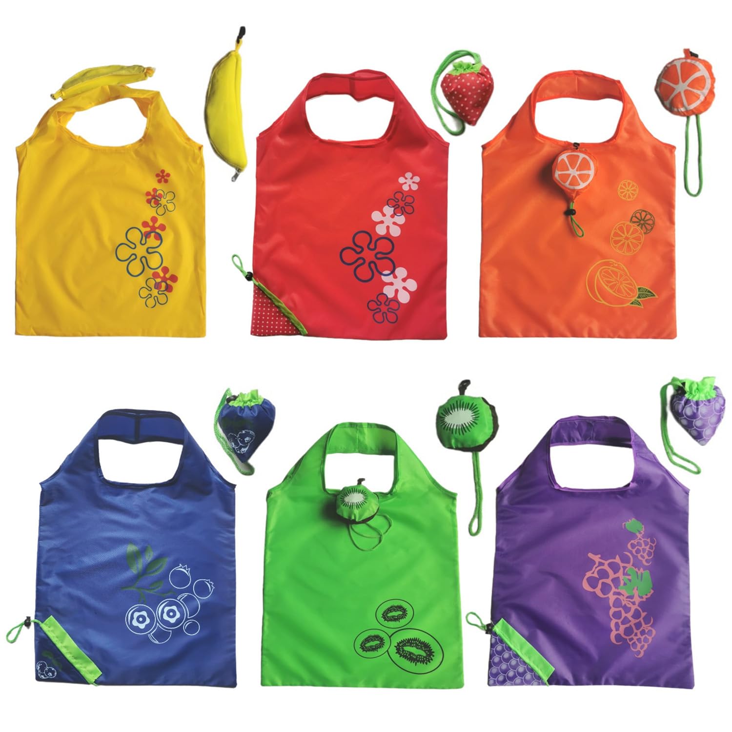 6 Pieces Fruit Shopping Bag Foldable Fruit Shape Cute Carry Bag Shopping Bags for Strawberries, Purple Grapes, Bananas, Kiwis, Blueberries and Oranges, Red, Purple, Green, Orange, Blue, Yellow