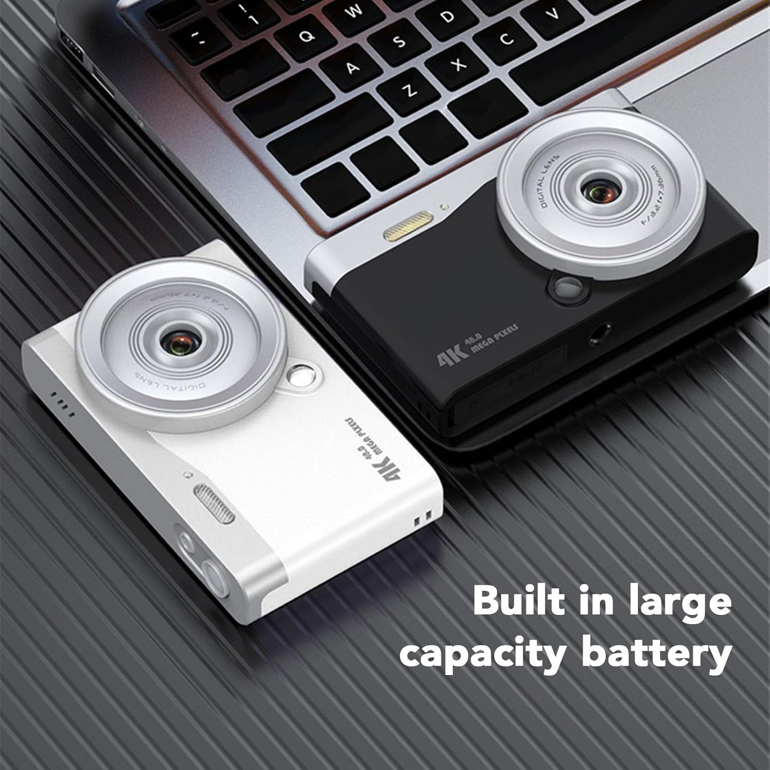 Two ciciglow digital cameras, one white and one black, highlighting the built-in large capacity battery feature.