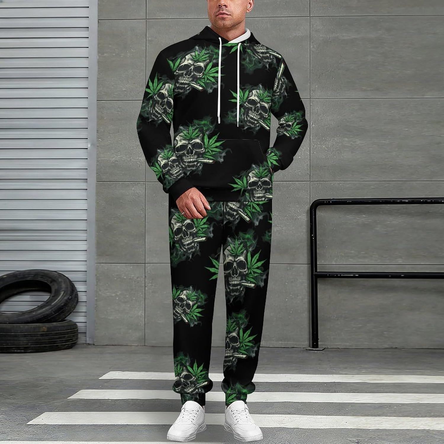 Skull With Weed Leaf Sweatshirts for Men Two Piece Casual Hoodie Tracksuit Jogger Pants