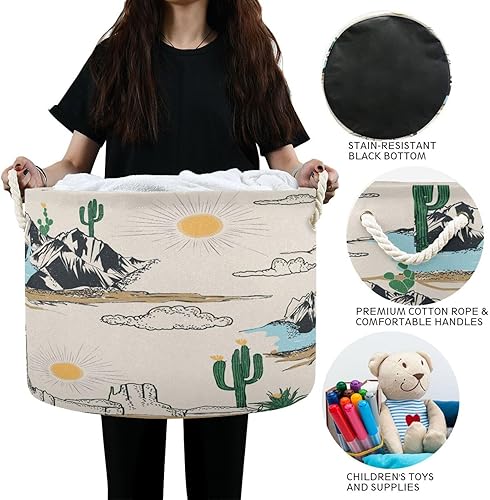 Miniatura 6 de Cesta de cuerda de algodón con diseño de paisaje del desierto occidental, cesta grande y redonda para ropa sucia para bebé, manta de juguetes,