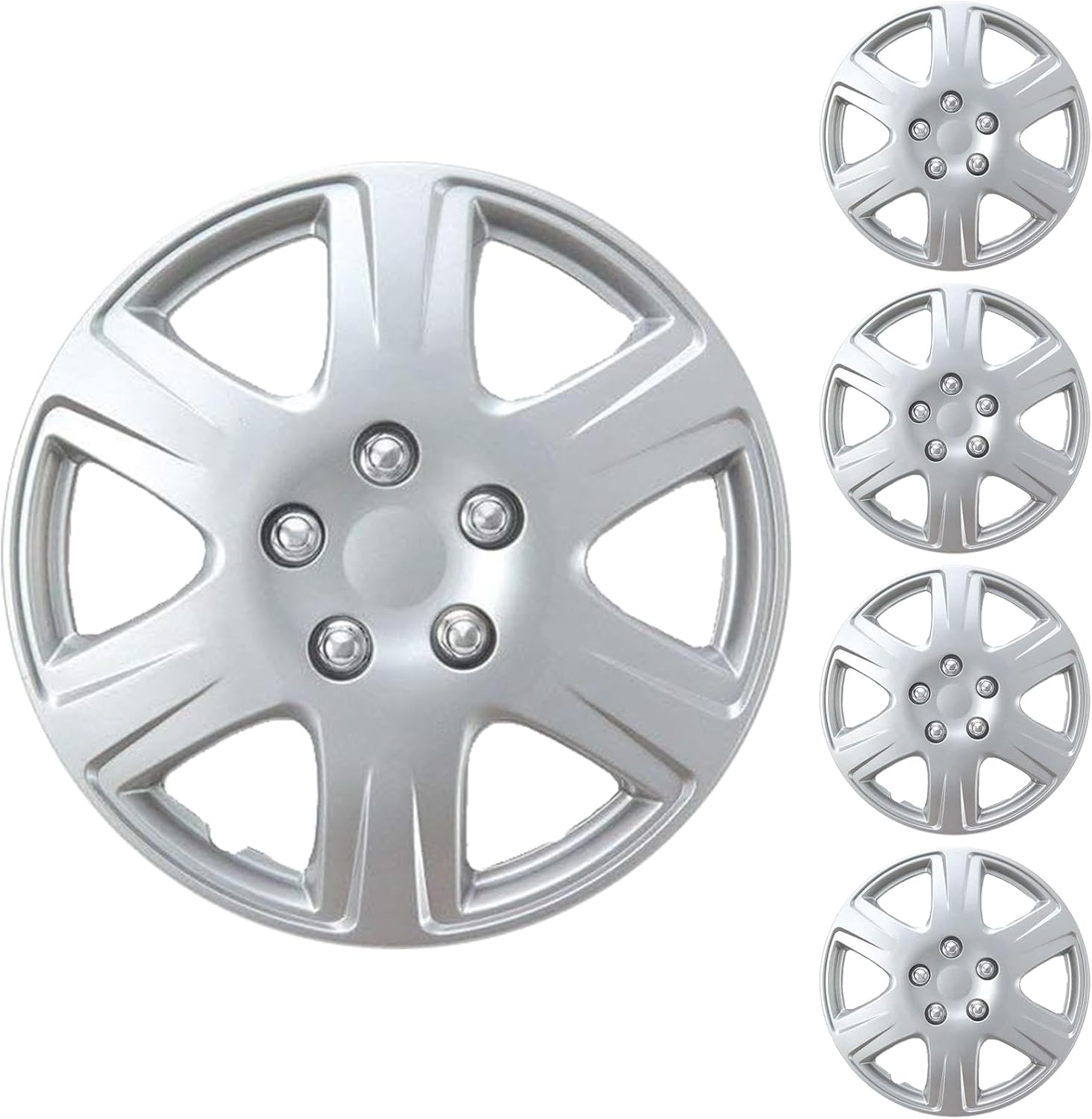 15-inch Silver Wheel Covers, ABS Hubcaps for Cars, Set of 4, 6-Spoke Original Design, Hub Cap for Cars