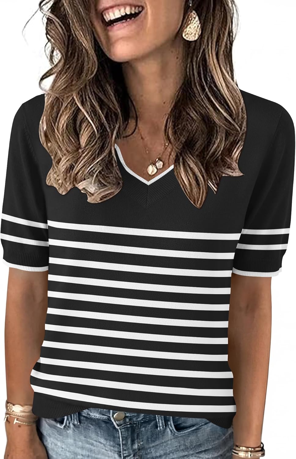 LOMON Womens 2026 Spring V Neck Sweater Casual Tops Short Sleeve Lightweight Ribbed Knit Pullover Sweaters - Image 2