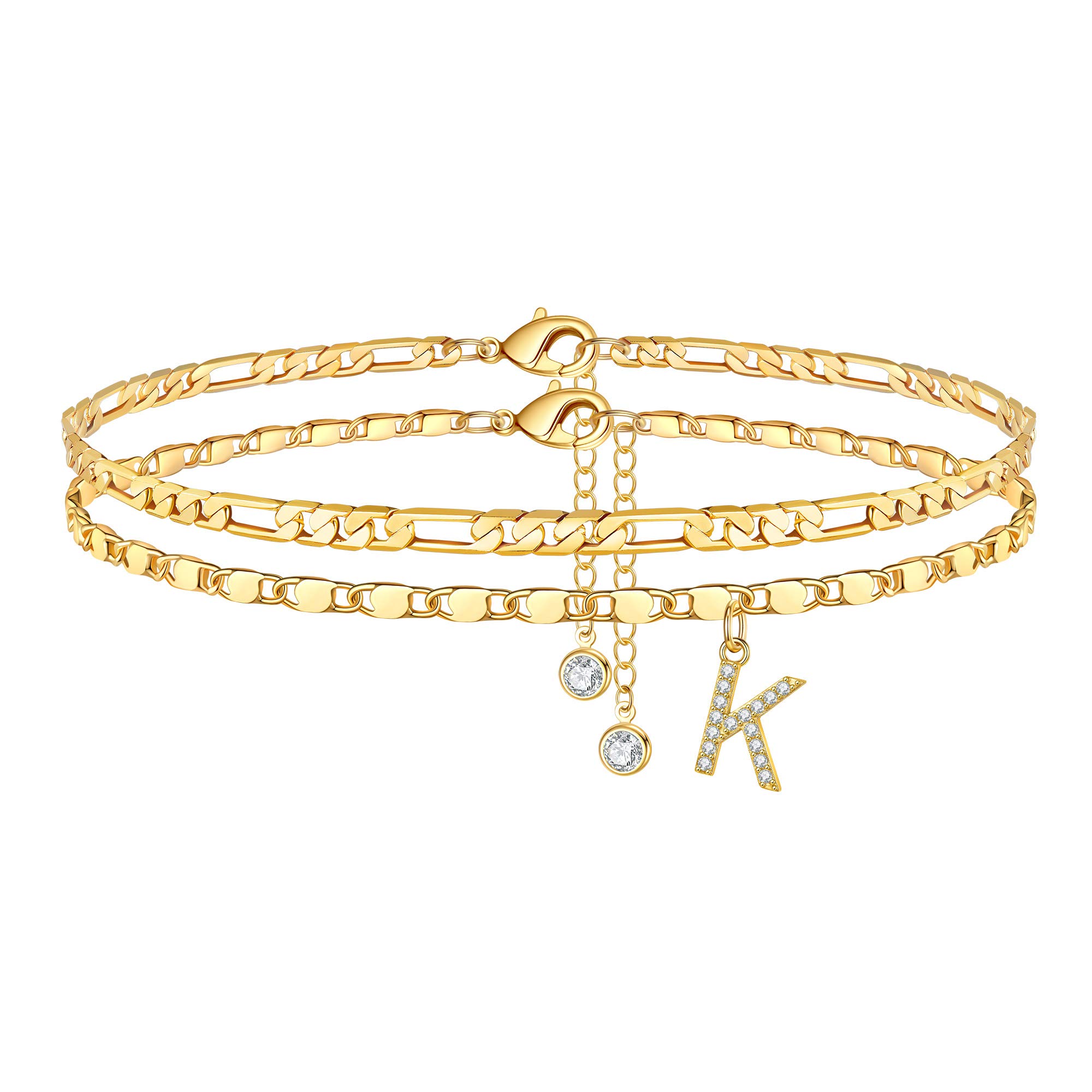 Tobilleras chapadas en oro de 14 quilates, delicadas capas de cadena Figaro con inicial de circonita cúbica, joyería de verano, regalos para mujer, adolescente y niña, Metal, Circonita cúbica