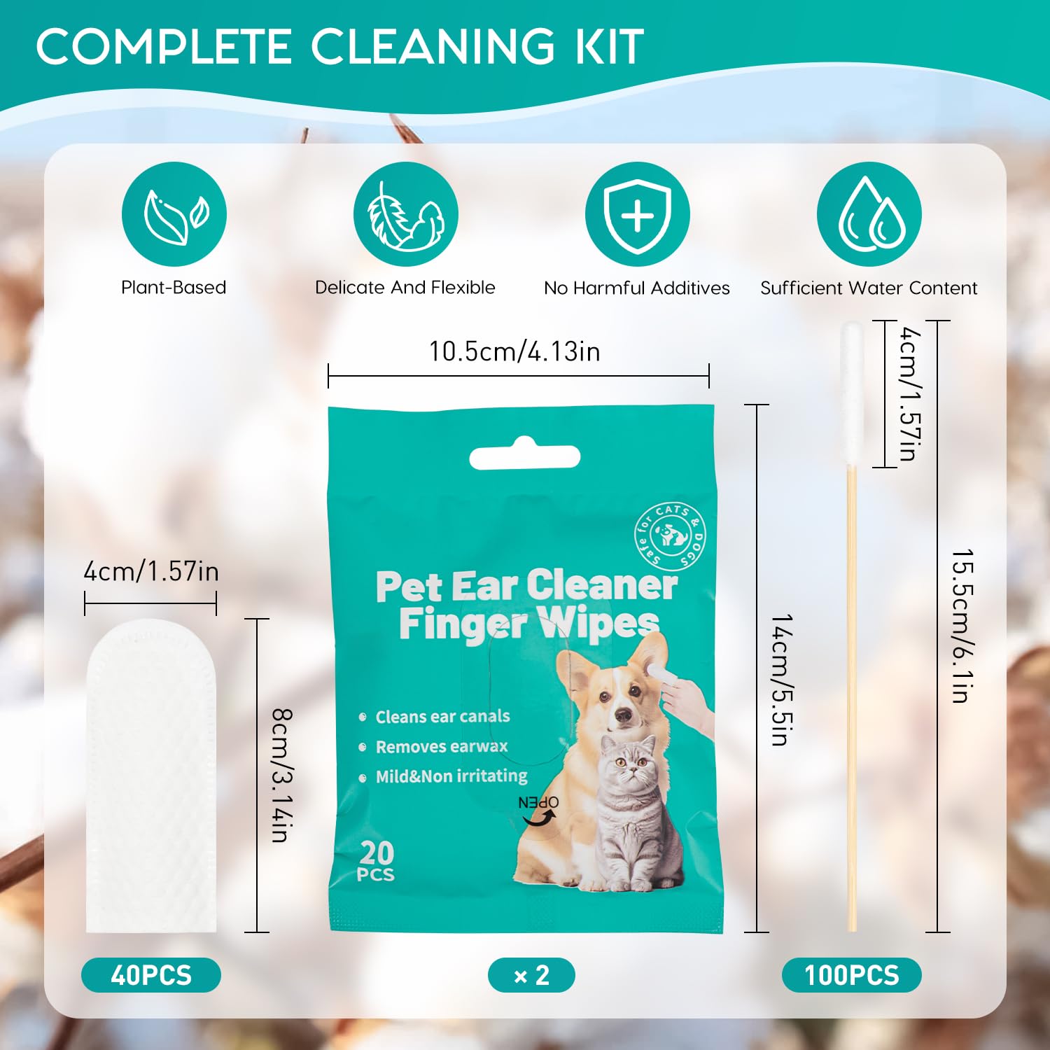 Ear Wipes for Dogs 40pcs Dog Ear Wipes And 100 Pet Cotton Buds, Ear Cleaner for Dogs with Gently Removes Wax Dirt, Odor - Image 3