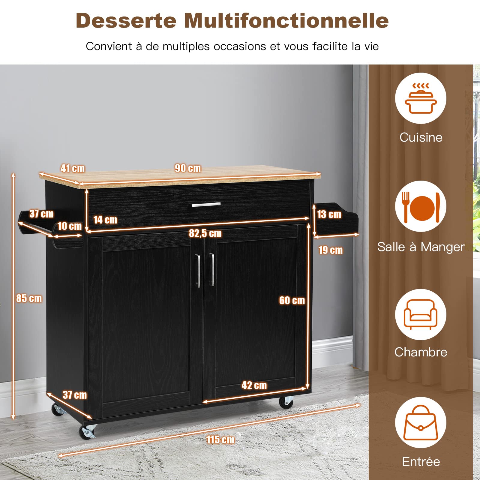 GOPLUS Desserte à roulettes avec Plan de Travail en Bois, 116x40x85CM, Desserte Cuisine avec Armoire à Étagère 2 Niveaux Réglables et Tiroir, Chariot de Service avec Porte-Serviettes Latéral, Cuisine