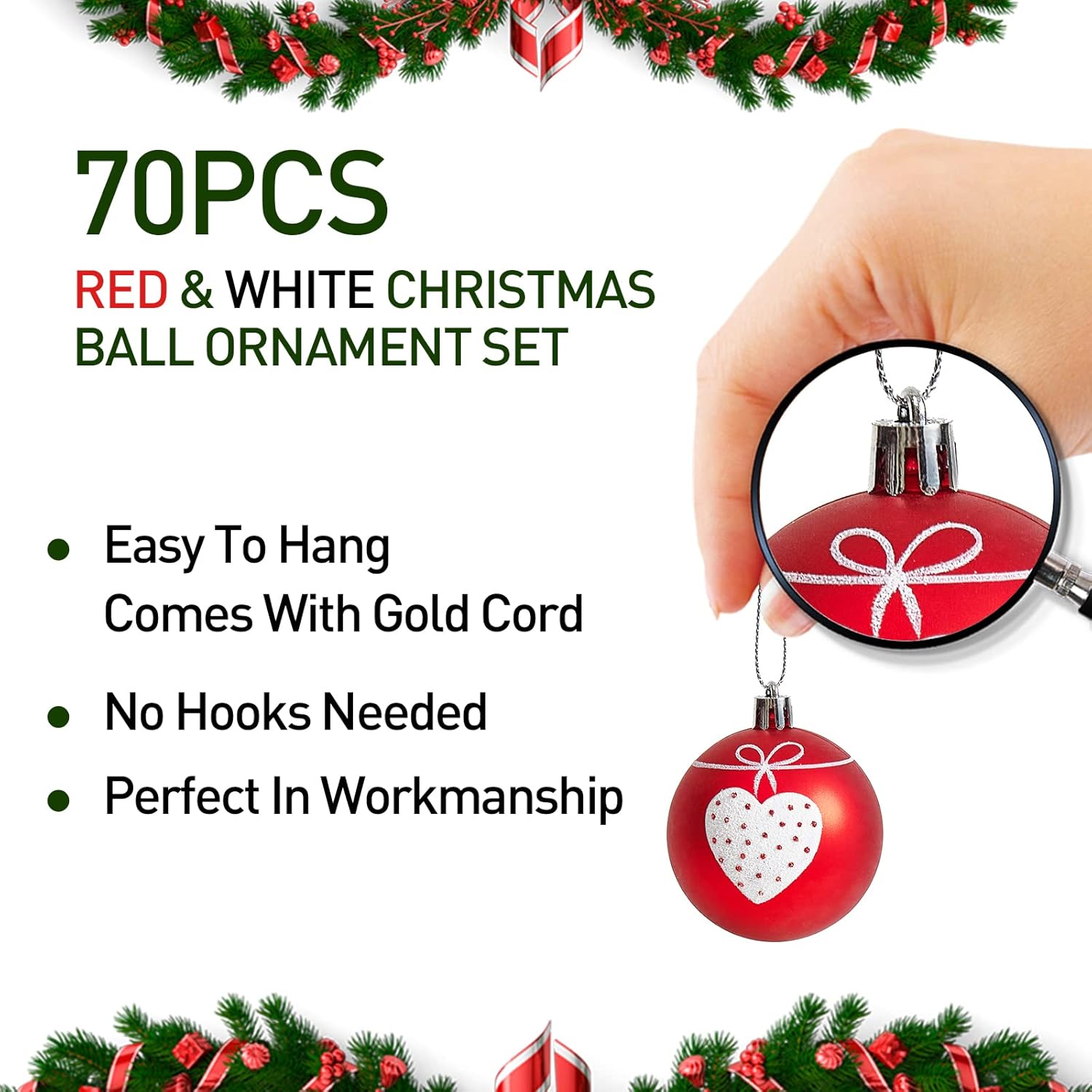 Christmas Tree Ornament Balls Set 70-Pack Colorful Shatterproof – Assorted Xmas Decorations with Hanging Loops for Holiday Tree, Home, Party Wedding, Includes Santa, Snowflakes, Candy Canes & More