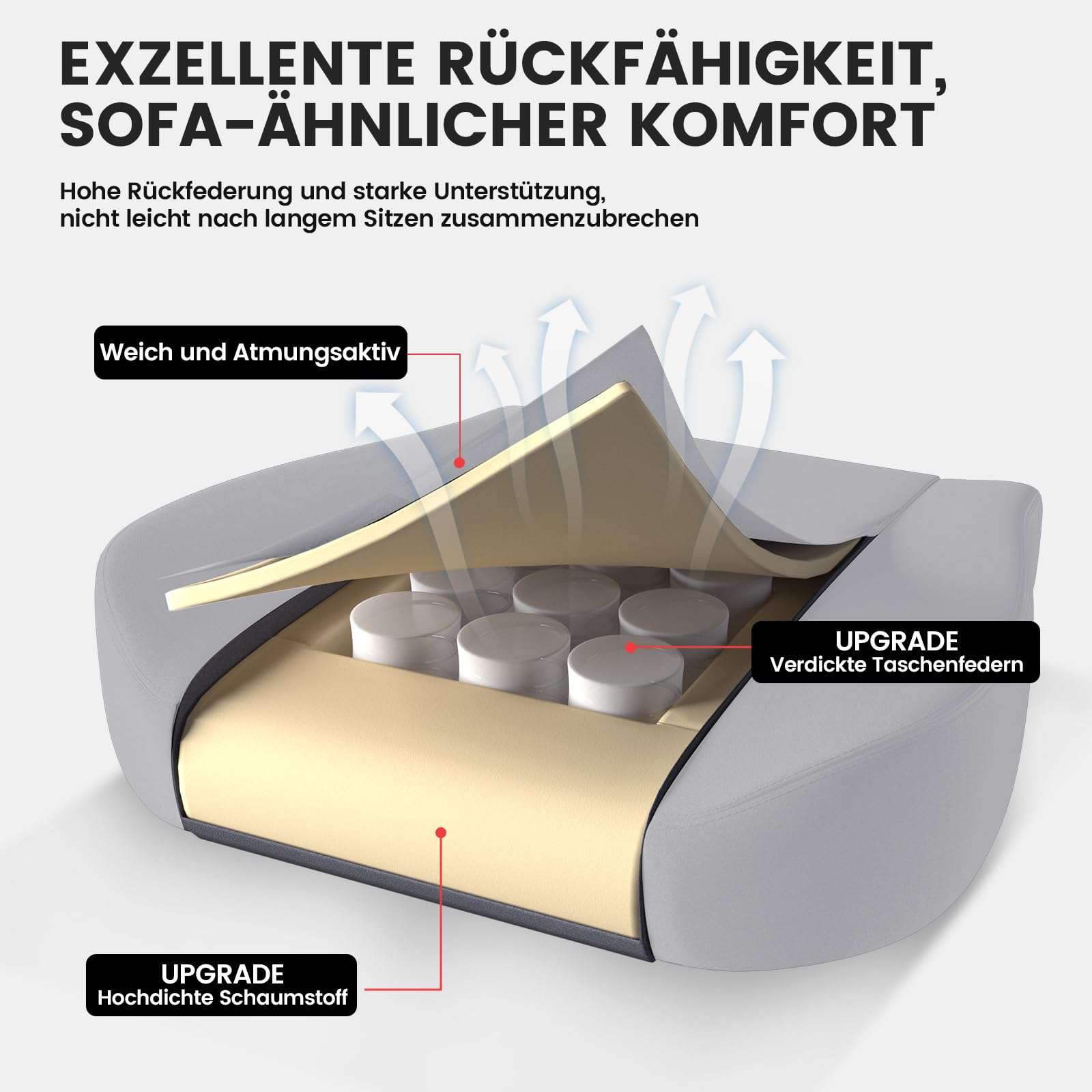 GTPLAYER Gaming Stuhl Stoff, Gaming Sessel mit Taschenfederkissen, ergonomischer Drehstuhl, Gamer Stuhl mit Fußstütze,150 kg Belastbarkeit, hellgrau