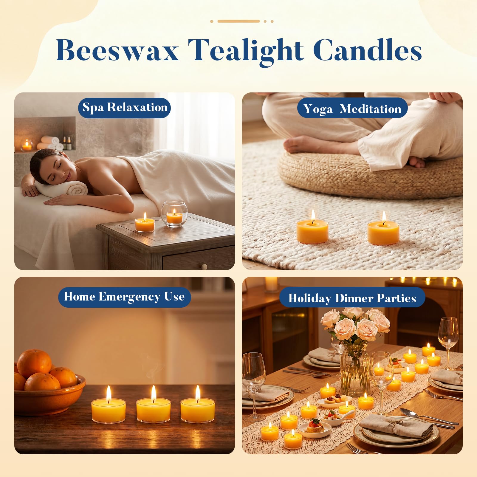 Crenovo Velas de té de cera de abeja, 8 horas de duración, no tóxicas, velas de té a granel sin perfume, cera de abeja natural 100% pura para relajación en el hogar, velas de té amarillas limpias sin