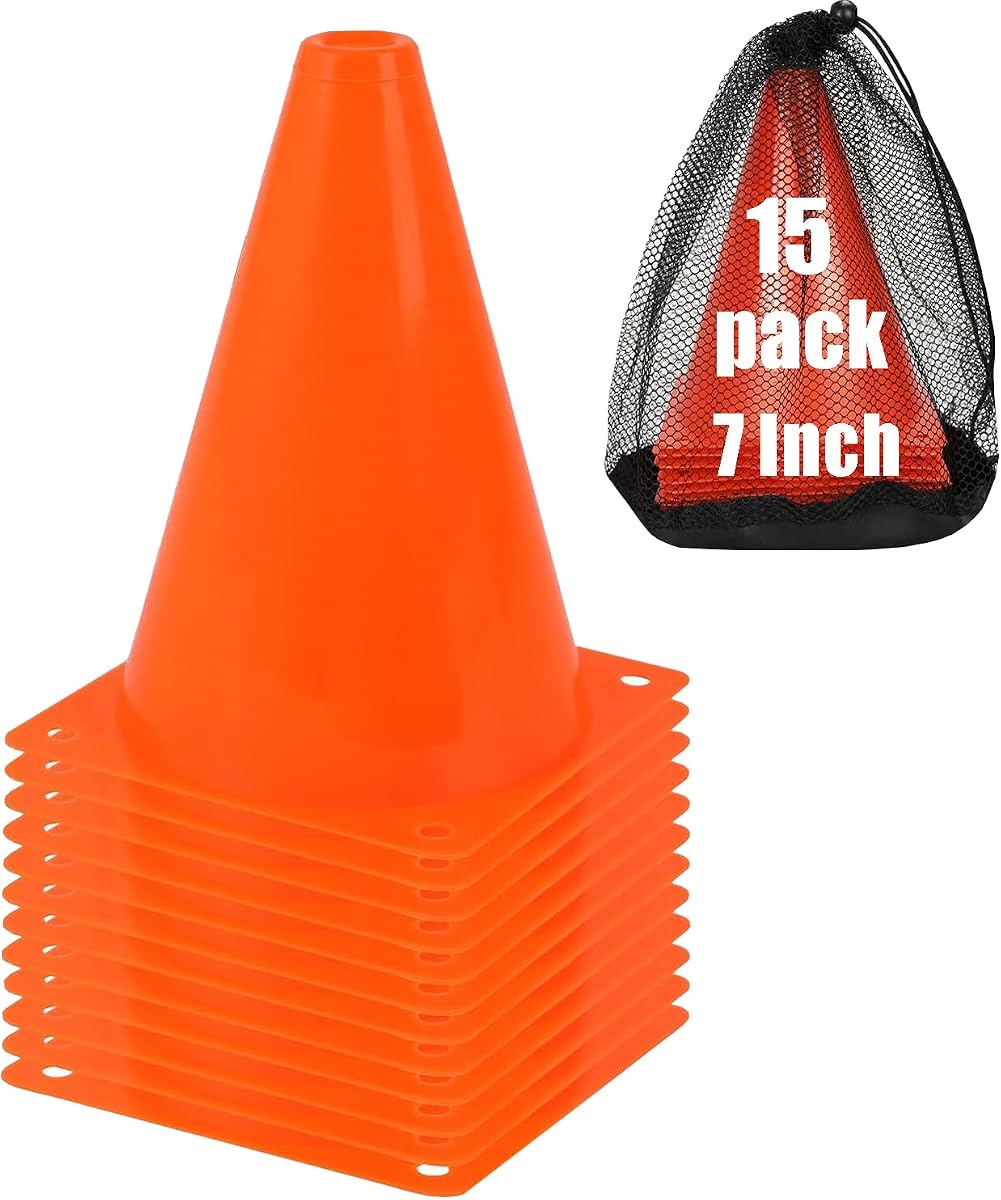7 Inch Soccer Cones with Carry Bag,15 Pcs Sports Training Cones, Basketball Football Skating Drills Cones, Small Plastic Agility Marker Cone For Indoor and Outdoor Games,Orange Mini Traffic Cones