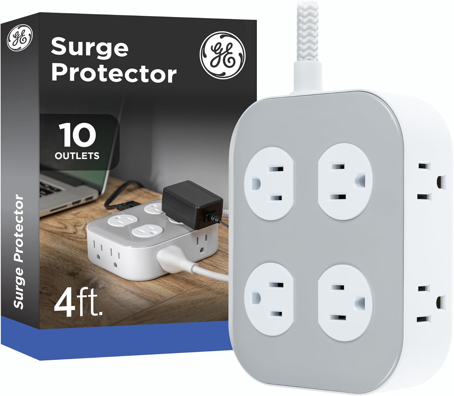 GE UltraPro 10-Outlet Surge Protector, 2100 Joules, 4ft Braided Extension Cord, Flat Plug, Power Strip with Wide-Spaced Outlets, Gray/White, 84860