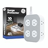 GE UltraPro 10-Outlet Surge Protector, 2100 Joules, 4ft Braided Extension Cord, Flat Plug, Power Strip with Wide-Spaced Outlets, Gray/White, 84860
