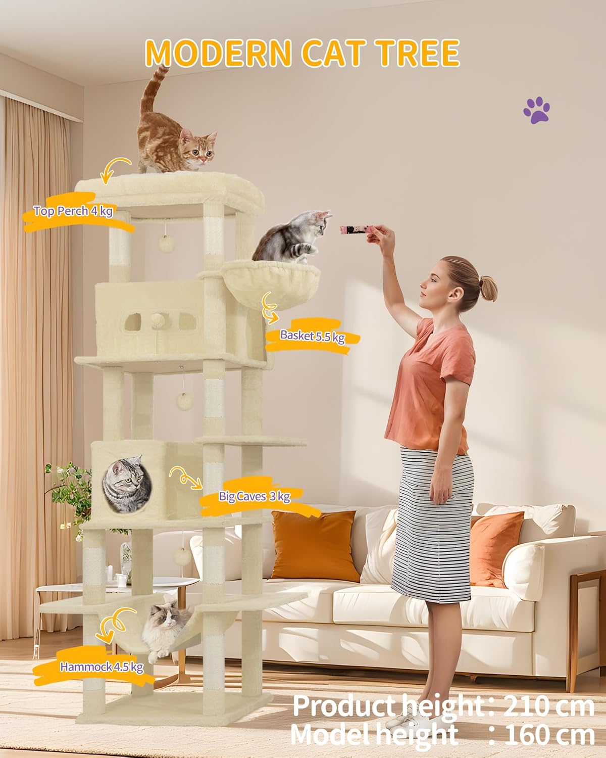 Hzuaneri Cat Tree, 82.6" Large Cat Tower for Indoor Cats, Multi-Level Cat House with Condo, 8 Scratching Posts, Hammock, 4 Pom Poms, Beige MS21018YL