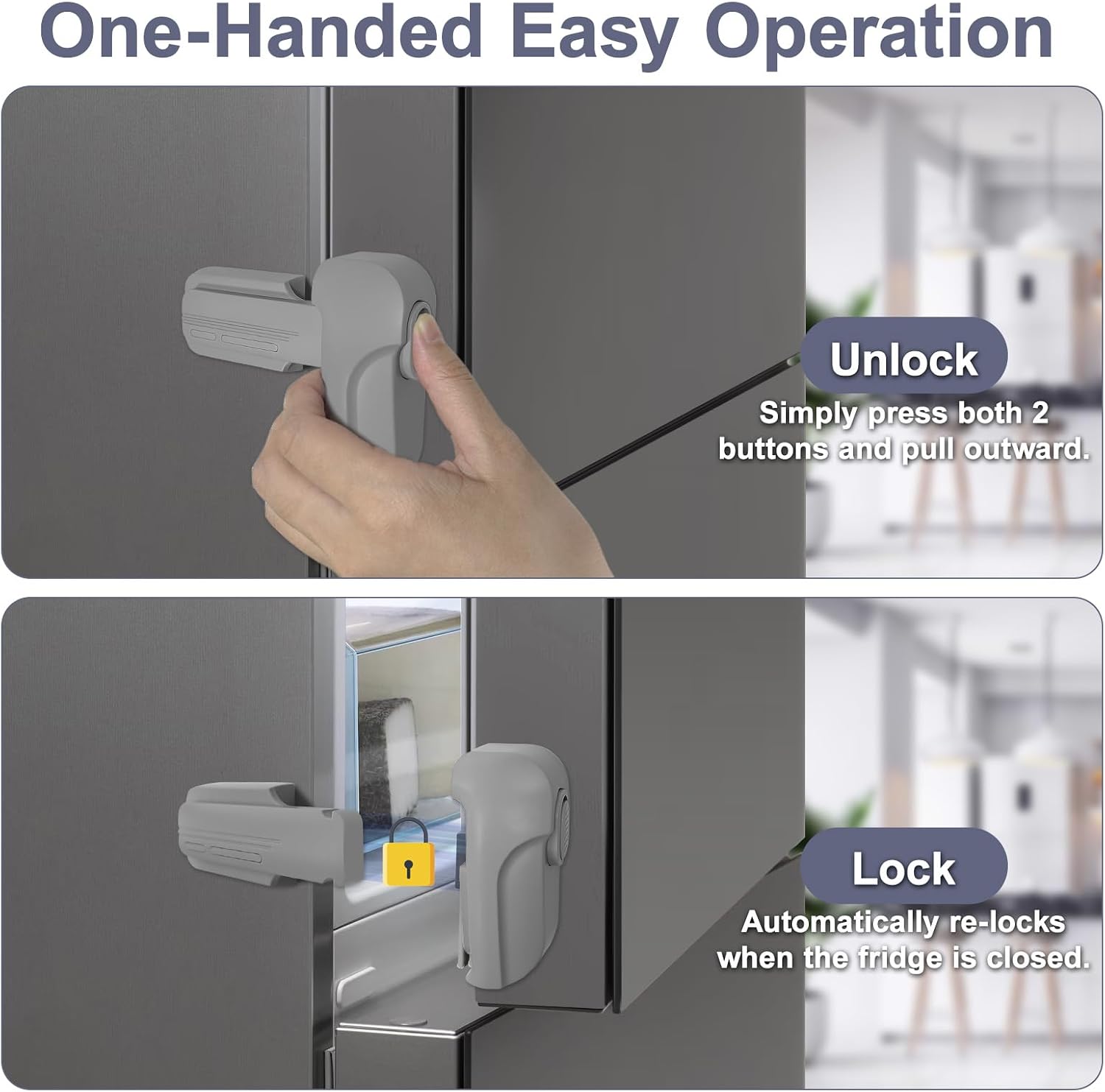 Updated Fridge Lock for Kids, Childproof Refrigerator Door Lock, Fridge Latch with 3M Adhesive, Freezer Locks Automatically Closed, No Drill No Screw, More Security for Kids/Pets (1 Pack, Grey)