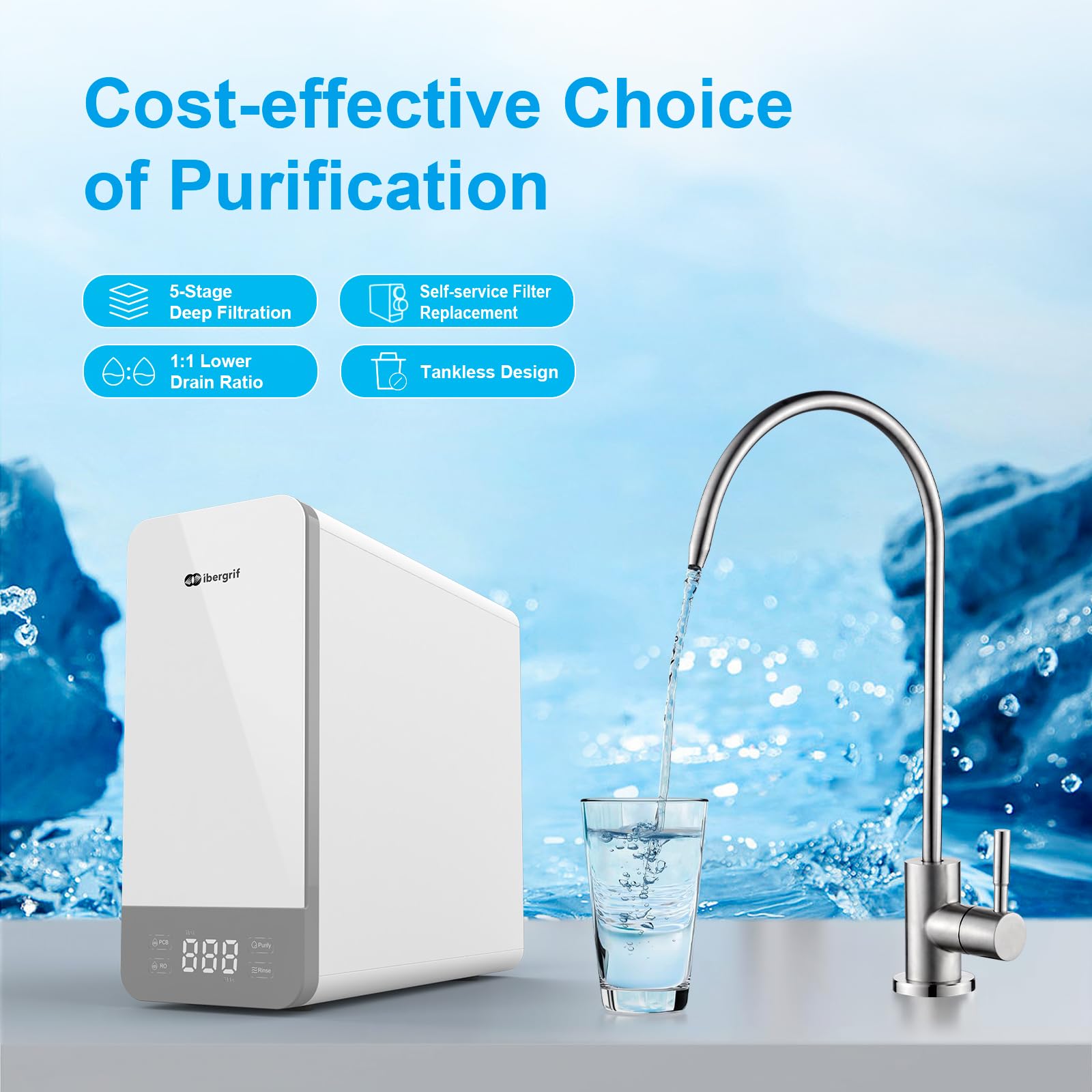 Ibergrif Sistema de Osmosis Inversa Debajo del Fregadero, sin Tanque, Filtración Profunda de 5 Etapas, Reduce TDS, PFAS, Instalación Rápida, Blanco, M91008-600
