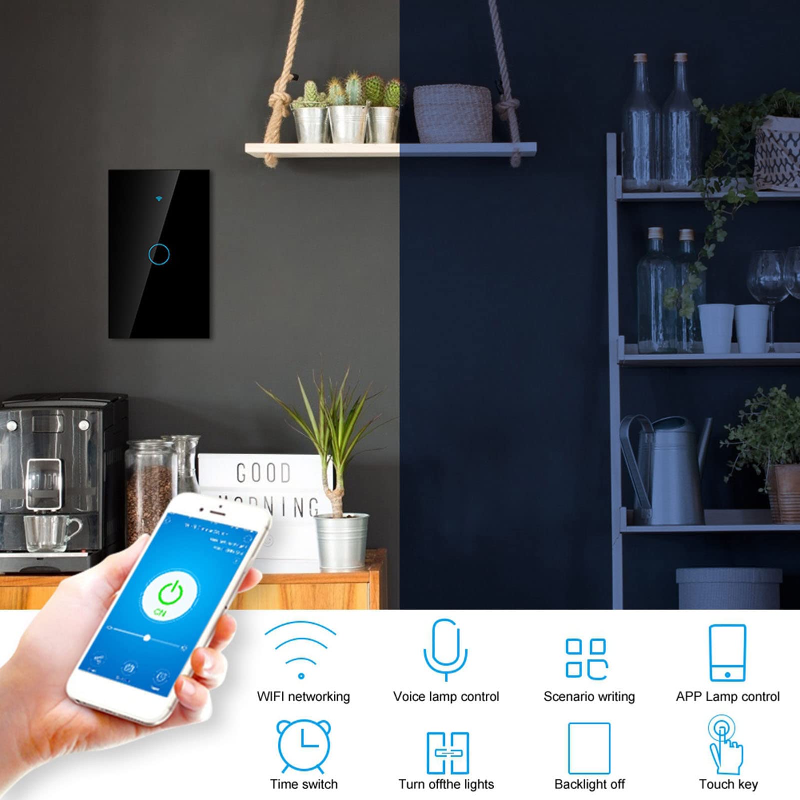 Interruttore Smart WiFi Interruttore touch a 1 via AC 90-250 V App a giro singolo Sistema di controllo remoto wireless Controllo vocale Wi-Fi (nero USA)(Nero)