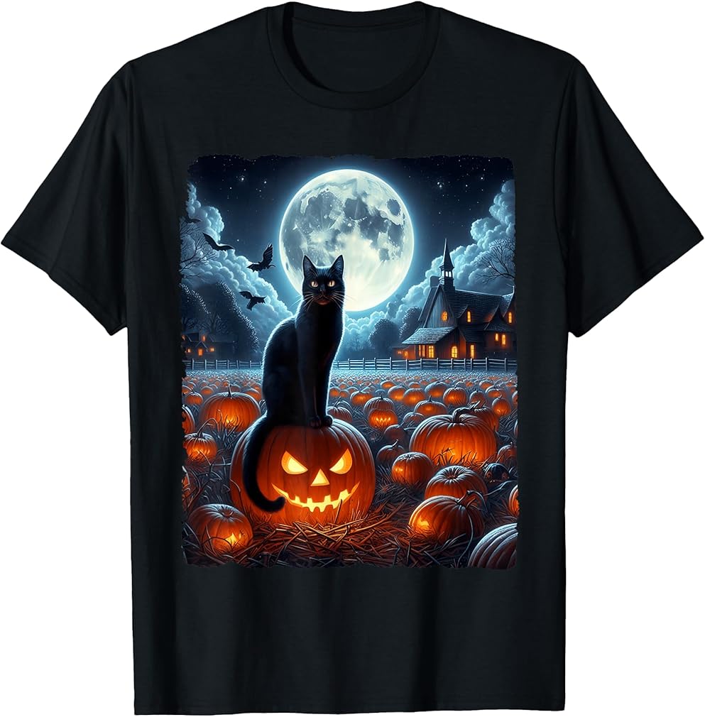 Black Cat Halloween Cat Lovers Starry Night Cat Van Gogh Cat T-Shirt