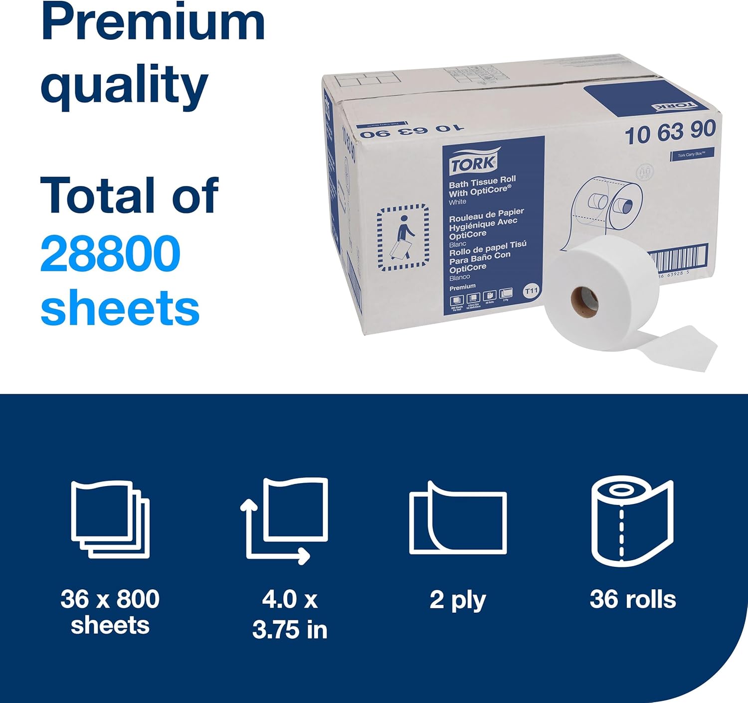 tork opticore mid-size toilet paper roll white t11, premium, 2-ply, 36 x 800 sheets, 106390 36 count (pack of 1)