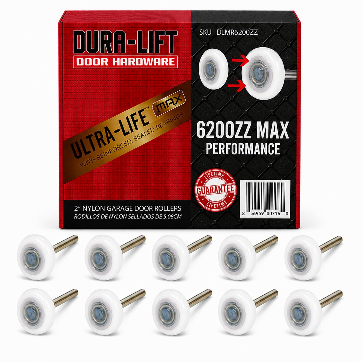 DURA-LIFT Ultra-Life MAX Rodillo de puerta de garaje de nailon sellado de 2 pulgadas 6200ZZ, vástago de 4 pulgadas, paquete de 10
