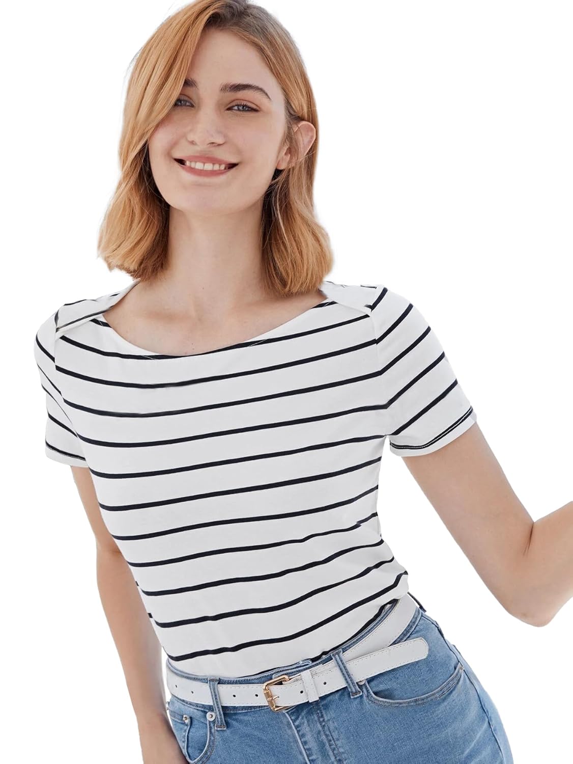 Toochki Women’s Cap Sleeves Top with Striped Printed Regular Fit and Boat Neck Regular Length