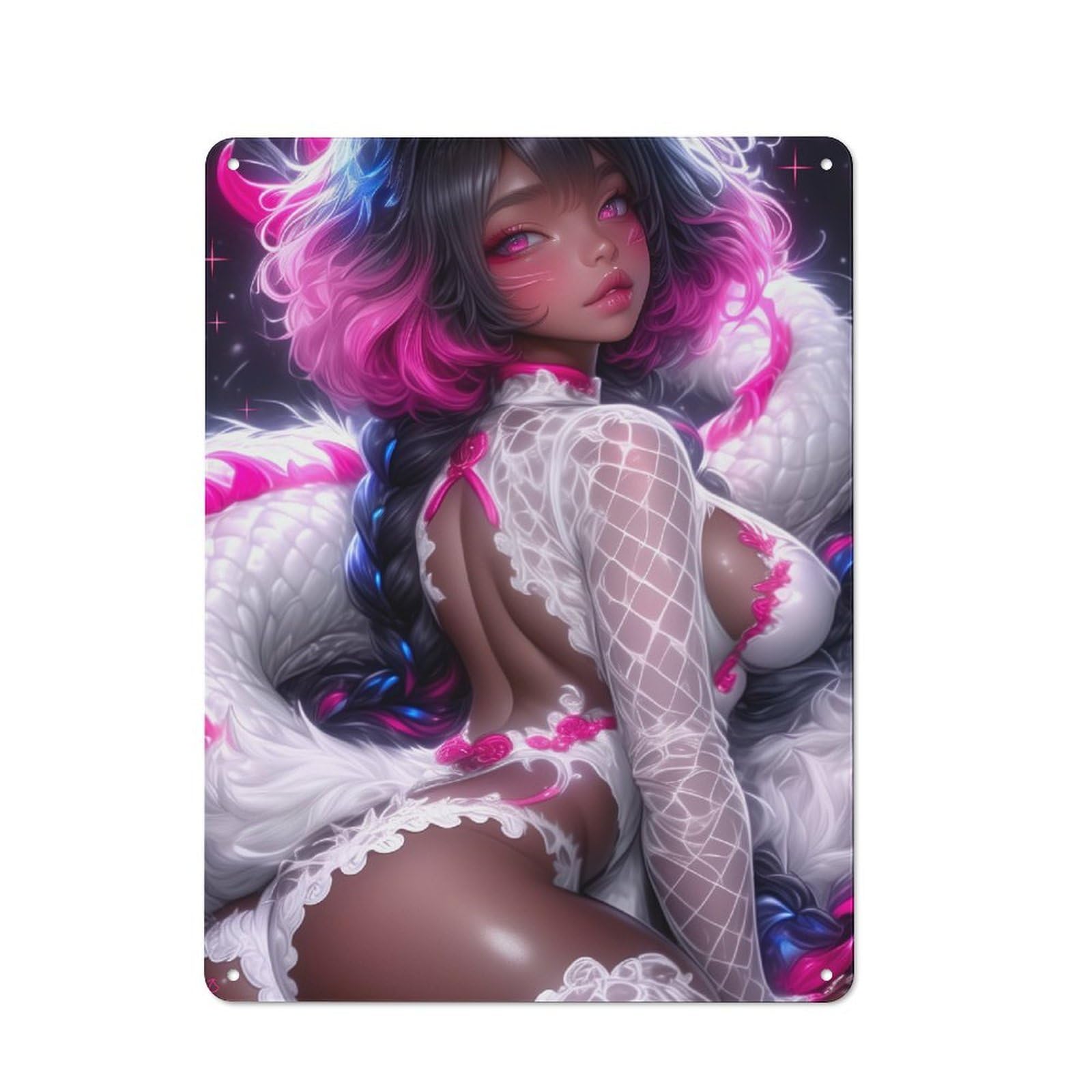 Modern Retro Metal Wall Art Sign 40x30cm Featuring Anime Dragon Girl, Urban Room Decor for Workspace, Cafe, Hallway Or Garage