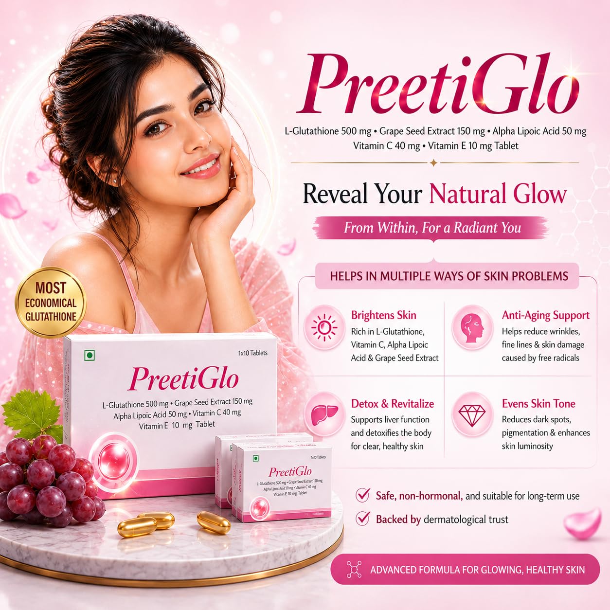 PreetiGlo L-Glutathione, Vitamin C, Alpha Lipoic Acid, Grape Seed Extract & Vitamin E Skin Brightening Tablets, 30 Count 2