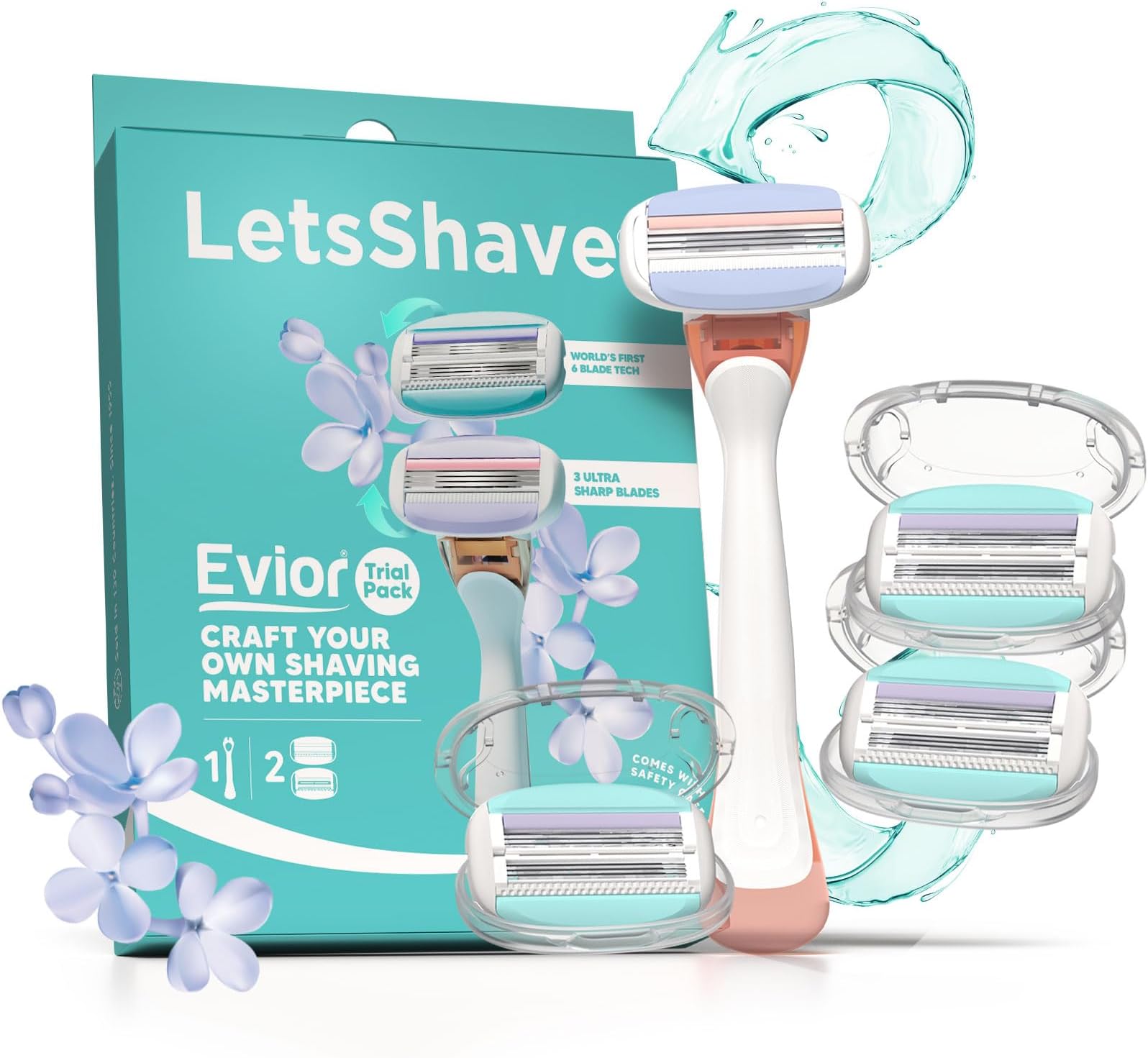 LetsShave Evior Trial Pack Shaving Razor Value Set For Women, 4 Blades + 1 Handle, Open Flow Cartridge, Dual Moisture Bar & Micro Comb Guard Bar, Razor For Women Underarms, Legs & Bikini Area