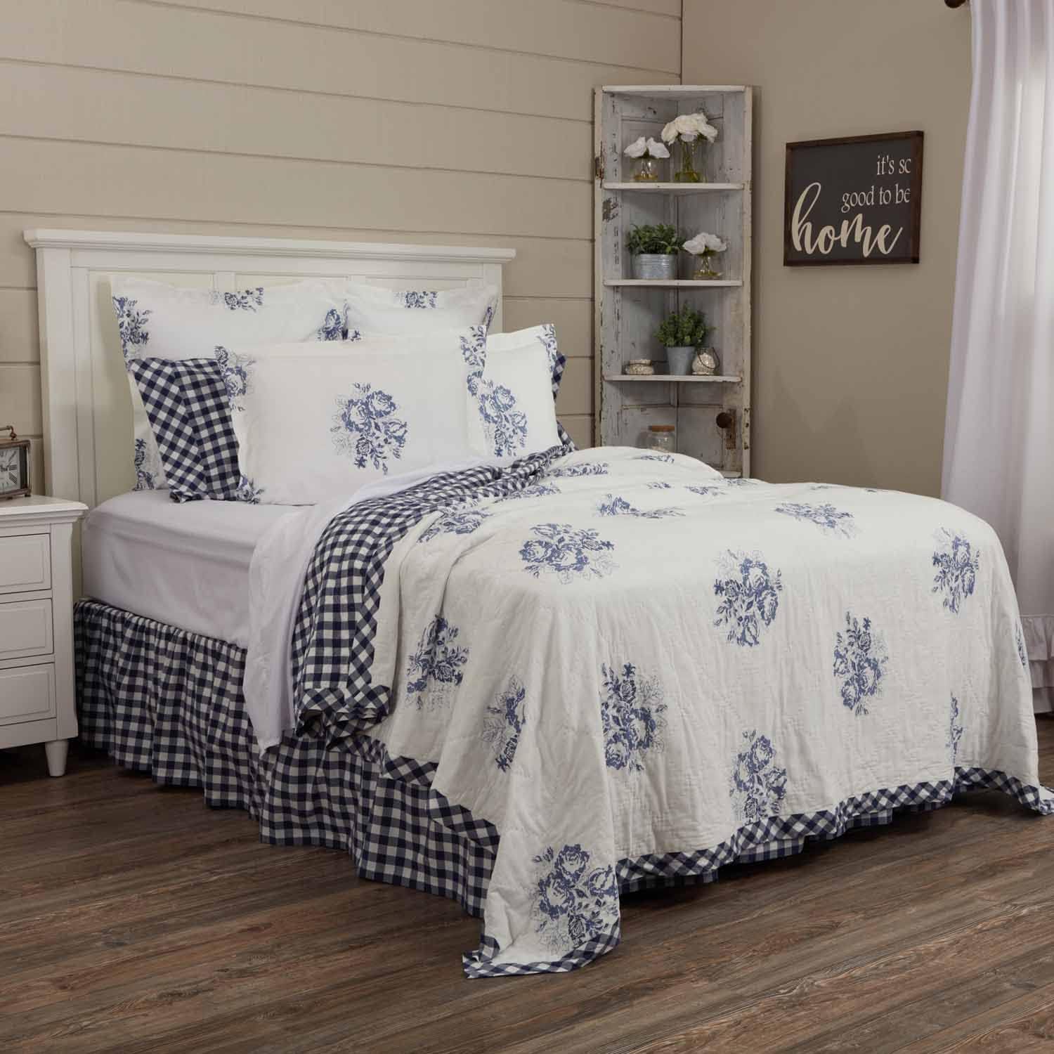 Piper Classics Lydia Blue Twin Quilt 86" L x 68" W, Vintage Farmhouse, Floral Print Bedding Reverses to Blue & White Check
