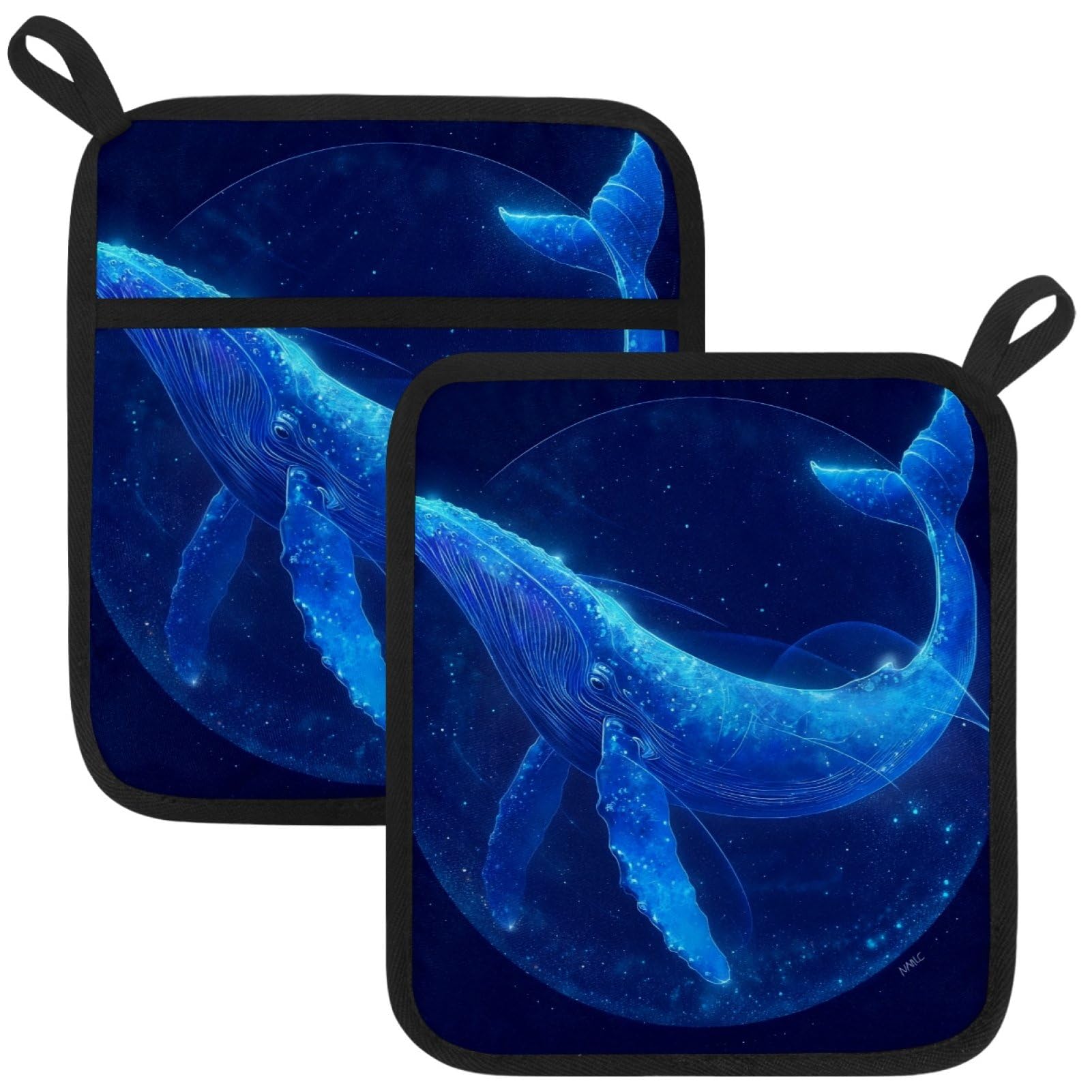 VAPOKF Whale Pot Holders with Pocket for Kitchen Heat Resistant Potholders Large Polyester-Cotton Square Oven Mitts Set