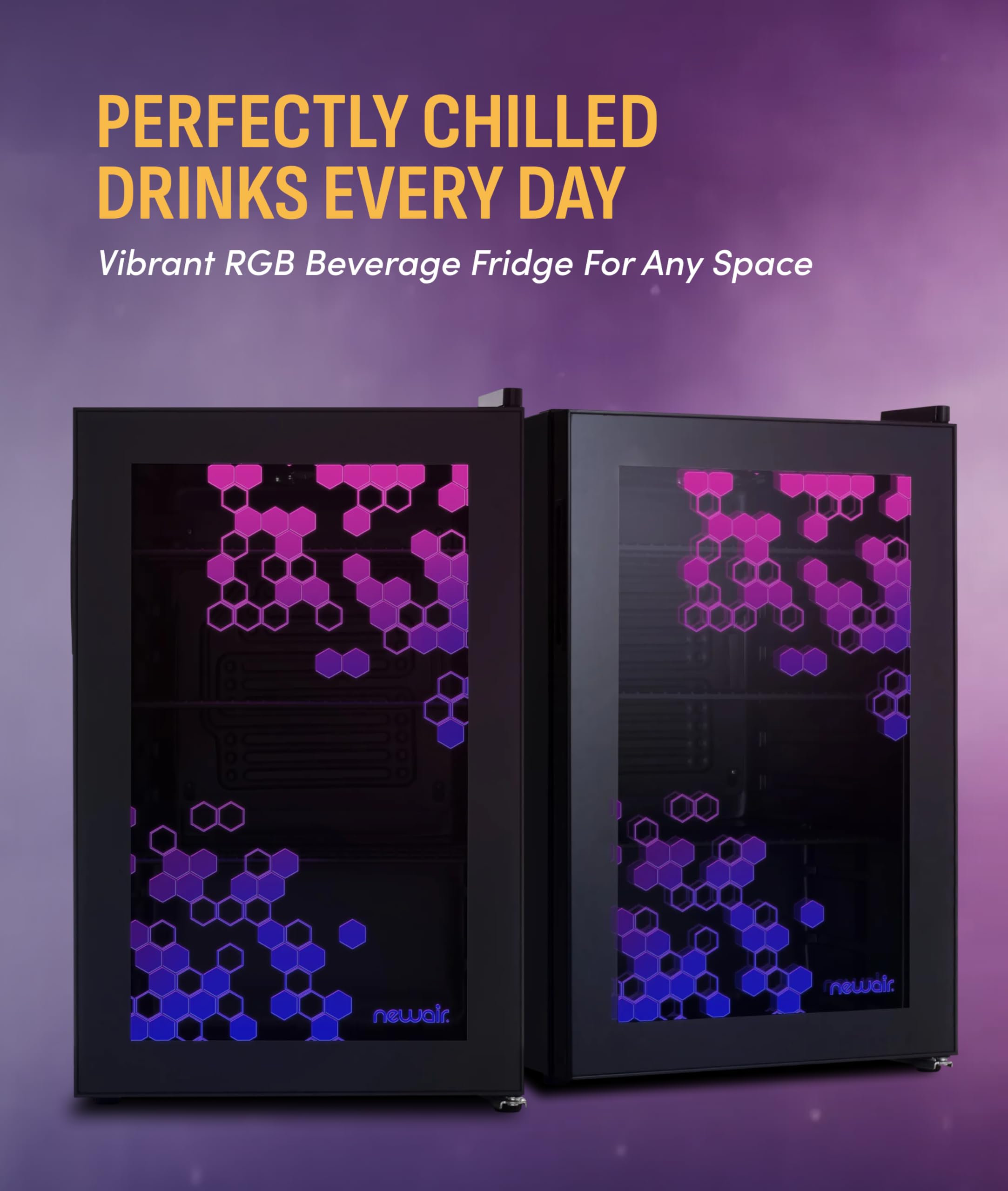 NewAir 85 Can Beverage Refrigerator With Hexacolor LED Lights | Small Mini Fridge For Bedroom, Gaming Room, Or Office | Remote Controlled Lighting & Quiet Cooling on Fridge.com - View 2