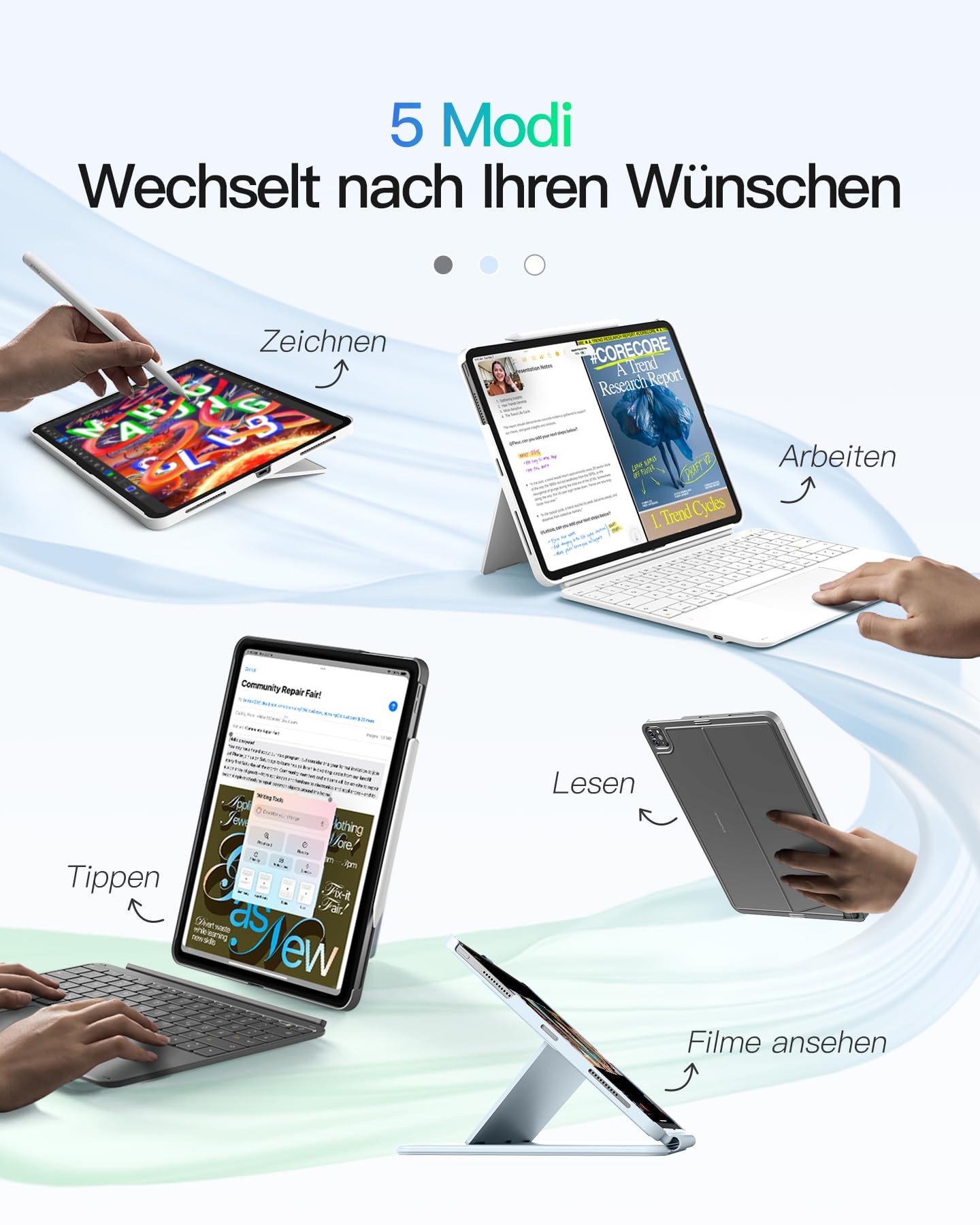 Inateck Tastatur Hülle für iPad Air 13 Zoll (2026/2025/2024,M4/M3/M2),Tastatur für ipad Pro 12.9 Zoll,6" Großes Trackpad,Abnehmbar,QWERTZ,7 Farben Hinterleuchtet,mit Stifthalter,AceTouch
