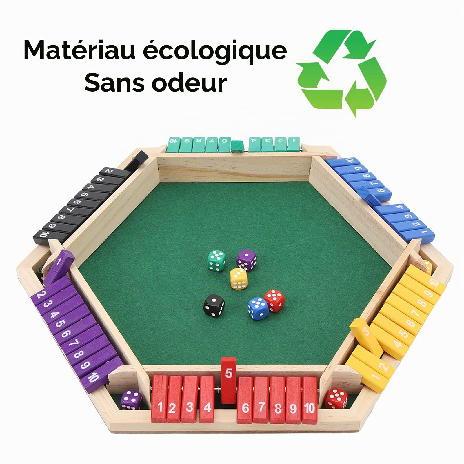 Shut The Box, Jeu de Table avec 12 Dés, 6 Joueurs en Bois à Faces Colorées