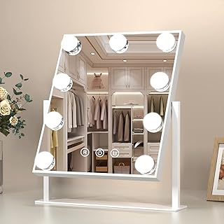 Tabletop Mount Hollywood Makeup Vanity Mirror with Lights, Lighted Makeup Mirror with 9 Dimmable Bulbs and 3 Color Lighting Modes, Smart Touch Control, Plug in Light Up Mirror (White)