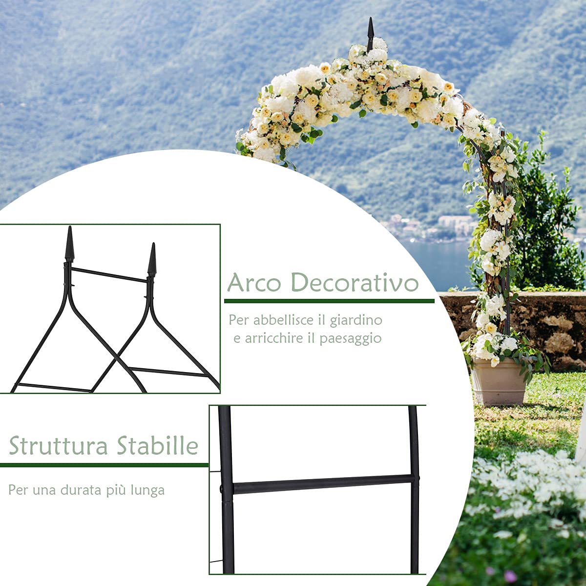 RELAX4LIFE Arco per Rampicanti in Metallo, Traliccio per Rampicanti, Struttura Robusta, Supporto per Rose e Viti, Arco da Giardino per Matrimoni Feste e Ingresso Cortile (Nero, 140x38x255cm)