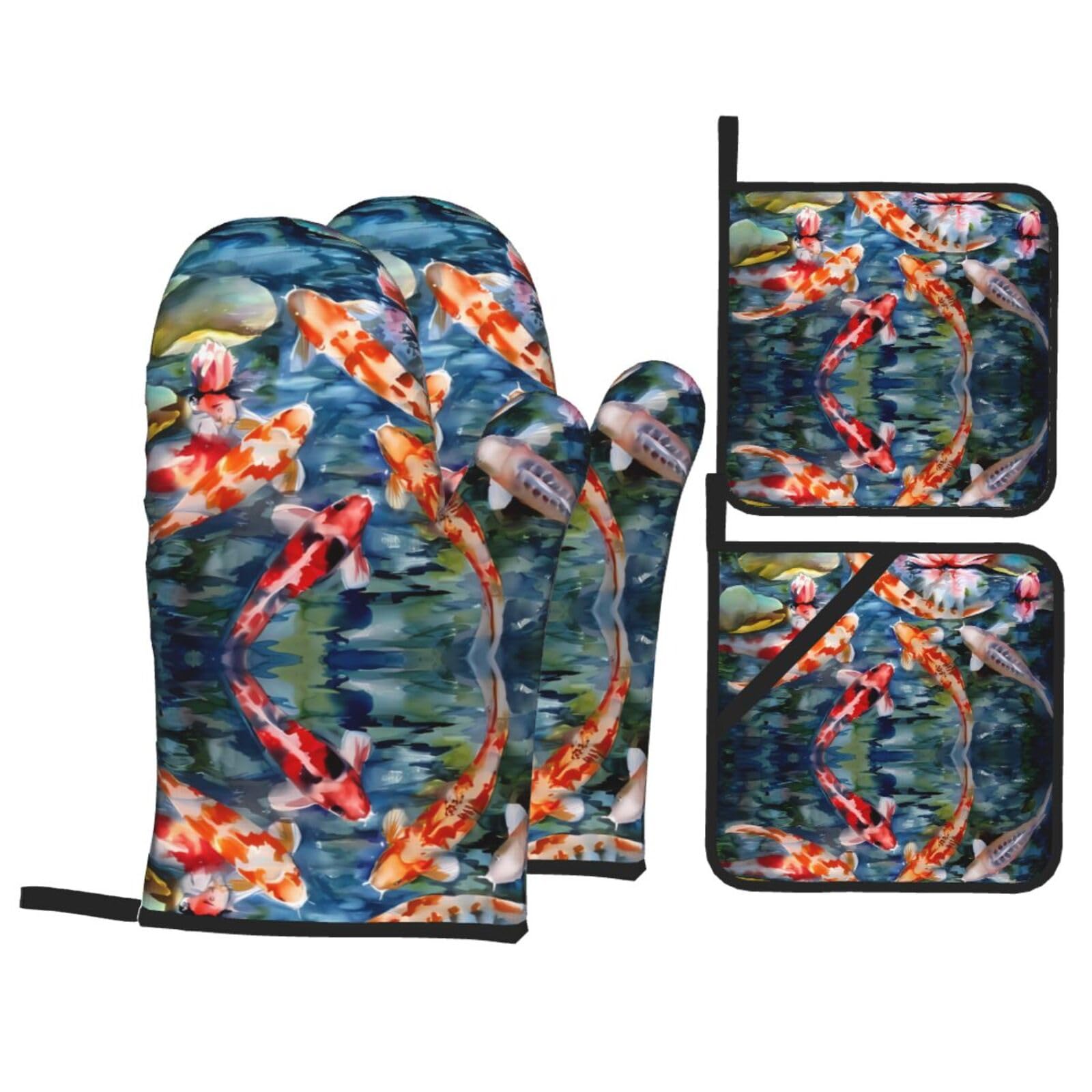 HJFCZH Fish Prints Kitchen Covers: Waterproof Oven Layers for Safe Cooking & Easy Cleanup - 4 Piece Heat Protection Set