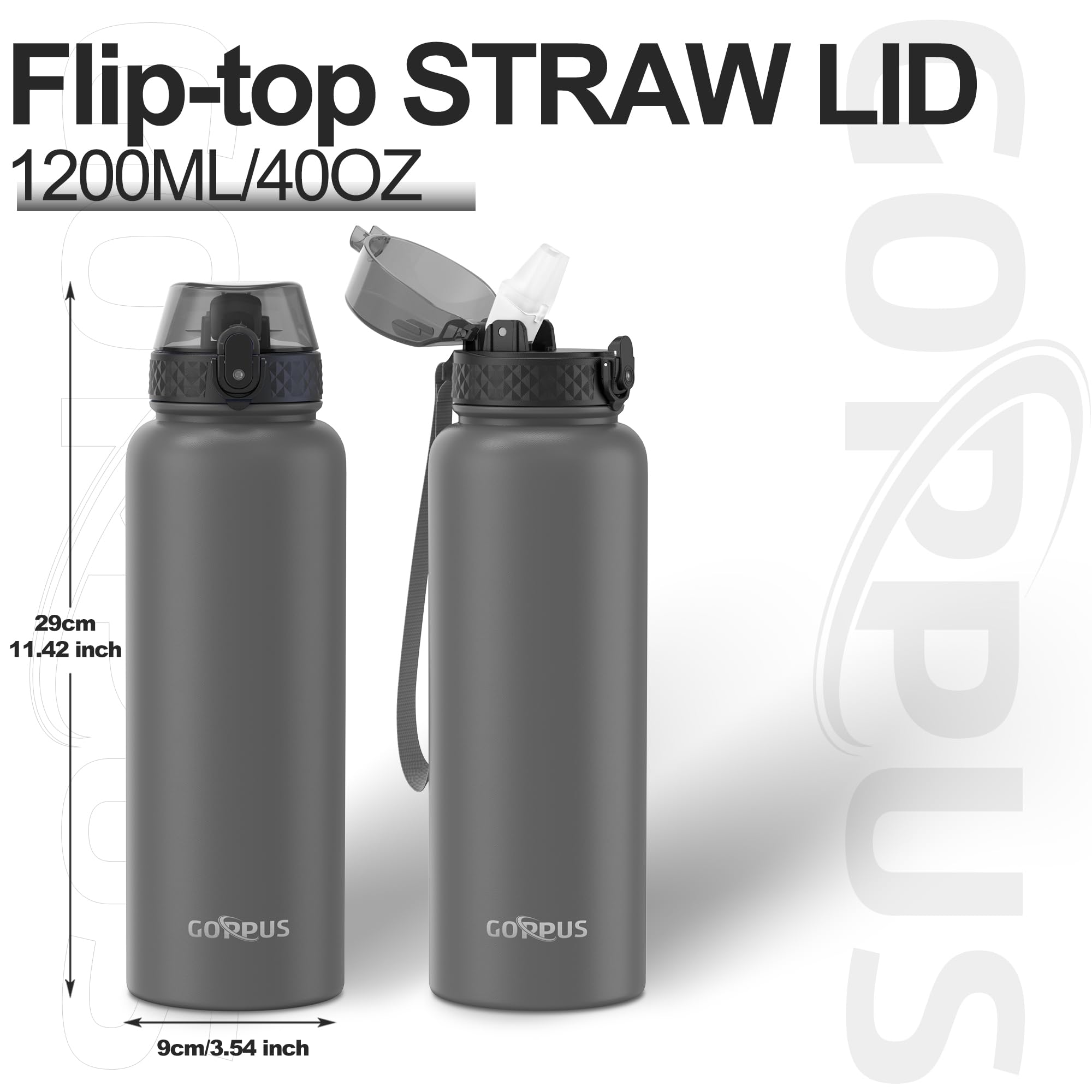 GOPPUS 1.2L/40oz Stainless Water Bottle with Straw Double Wall Insulated Bottles with Strap Large Vacuum Thermal Flask Leakproof Keep Cold Drinks Bottles with Flip Top Lid for Men Women BPA Free - Image 4