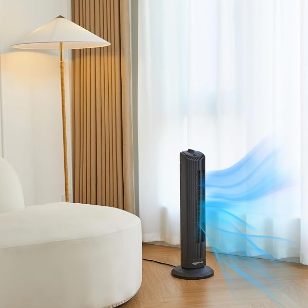 Amazon Basics 28" (71 cm) 60-Degree Oscillating Tower Fan for Bedroom, Living Room, Office, With 3 Speeds, Intuitive Mechanical Control, Matte Black, 35W, 27.8" x 9.4" x 9.4" (71 cm x 24 cm x 24 cm) - 5