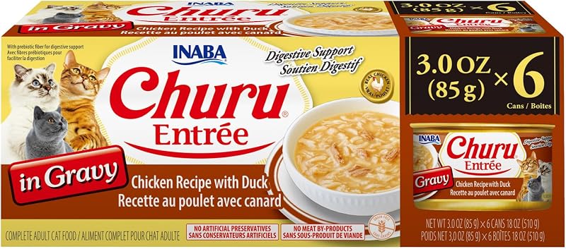 Ração úmida para gatos adultos INABA Churu Entrée com frango e pato ao molho, 6 unidades de 85 g