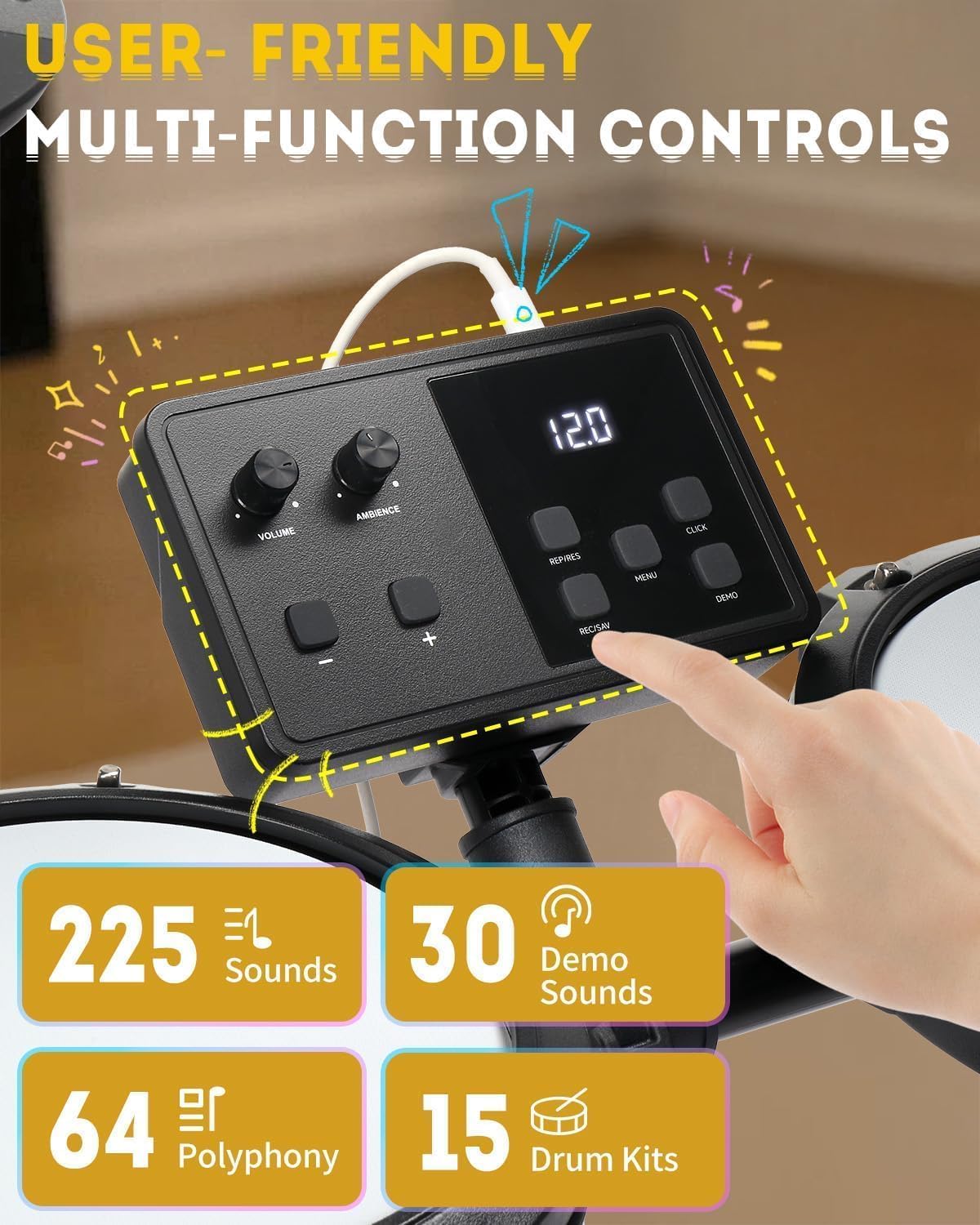 Электронная ударная установка USB MIDI бесшумная Зарядка через разъем Type-C сетчатые подложки тарелки премиум-класса педали регулируемый пюпитр наушники палки для начинающих.