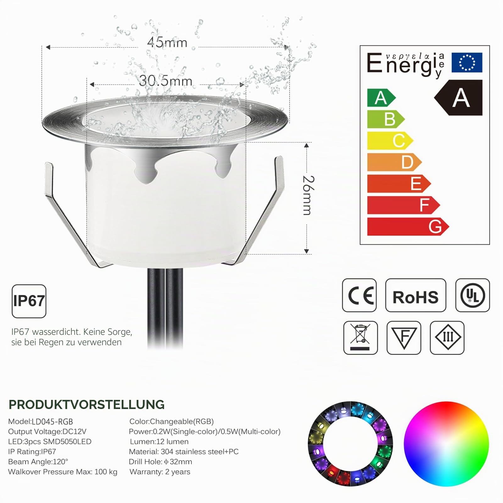 10er Set RGB LED Bodeneinbauleuchten Außen DC12V Ø45mm LED Einbaustrahler, IP67 Wasserdicht Terrassen Einbauleuchten Aussen für Küche Garten Treppen Balkon Gehweg Terrasse