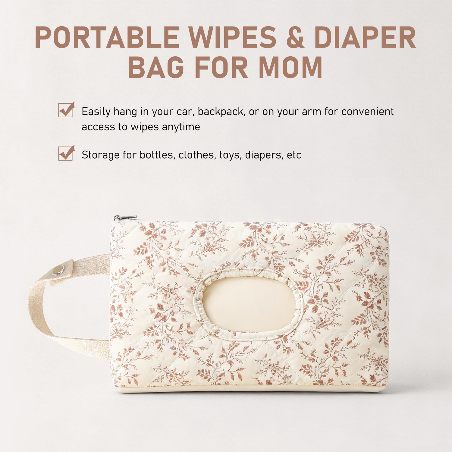 Wipe Holder Floral Diaper and Wipes Pouch Portable Hanging Wipes Bag for Car, Resuable Wet Wipe Pouch for Travel & Outdoor, Beige - 3